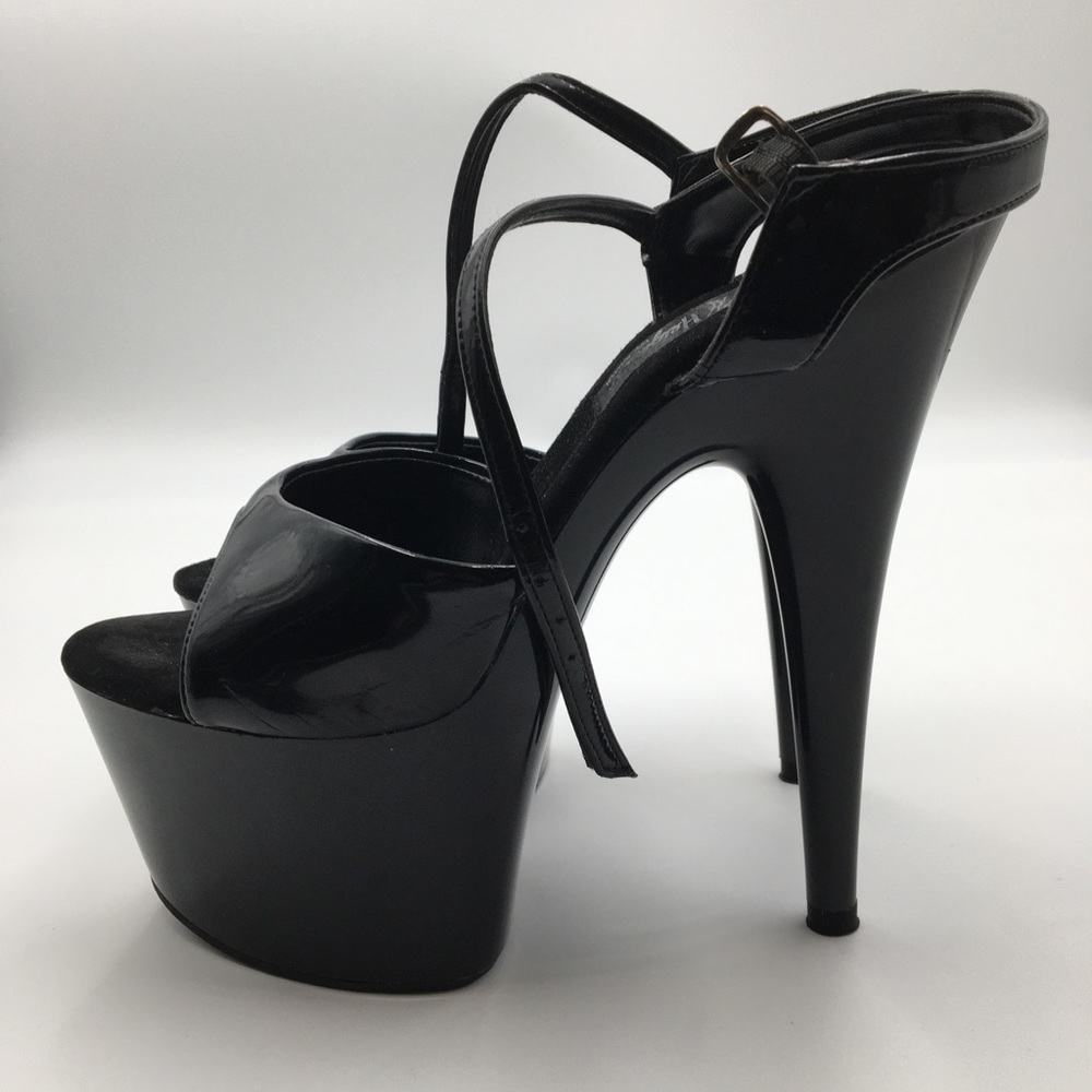 7” Sexy Black Platform Faux Patent Open Toe Heels 👠 🔥 Dallas Heights Worn